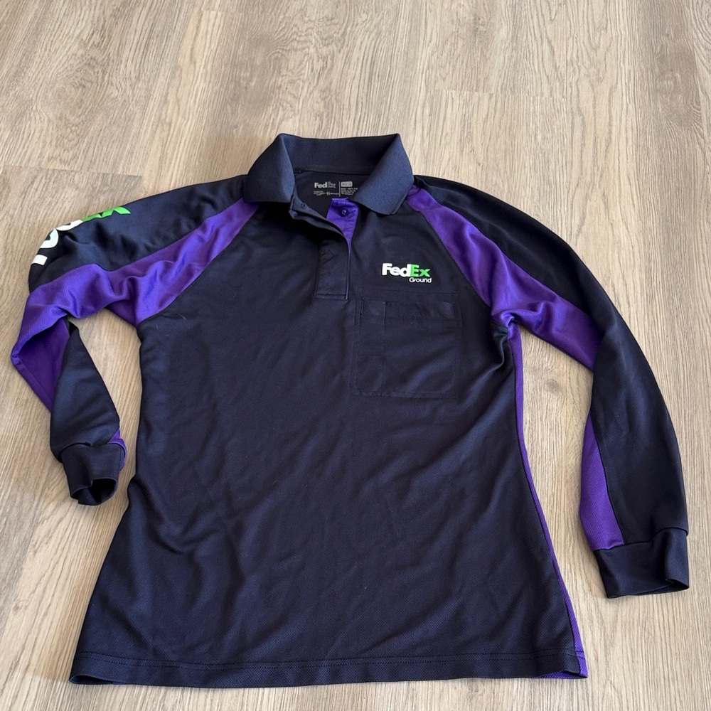 FedEx Black and Purple Polo Long Sleeve Shirt Retro Ground Small